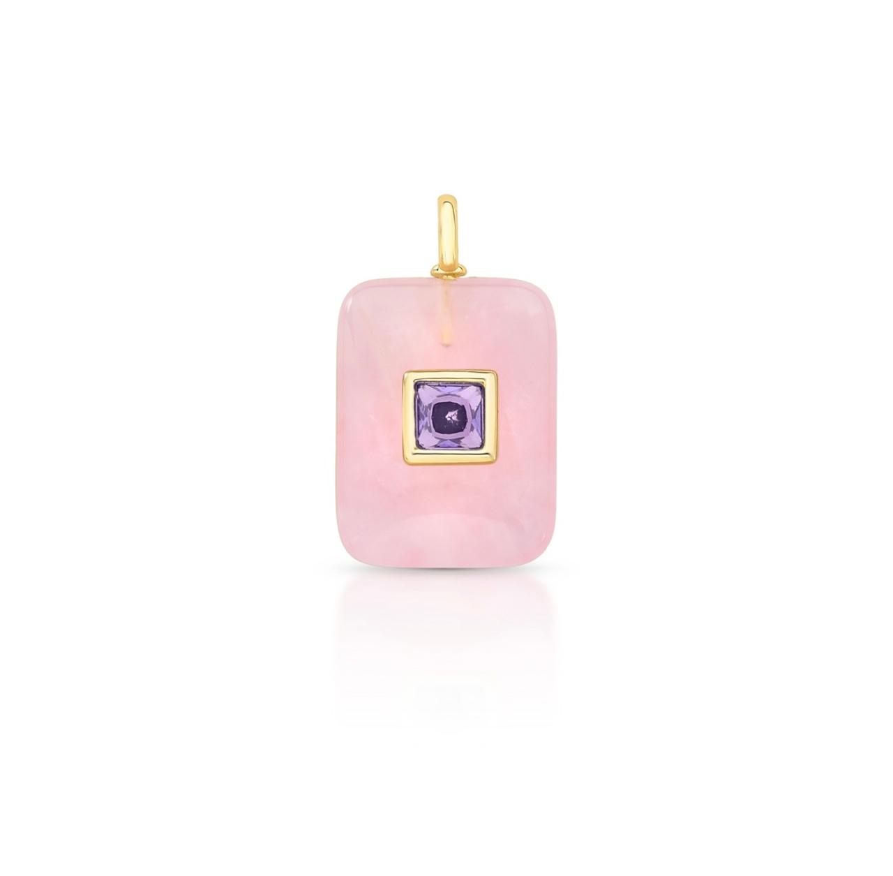 Pingente retangular pequeno Quartzo rosa natural com zircônia Tanzanita, para corrente fina, sem fecho.