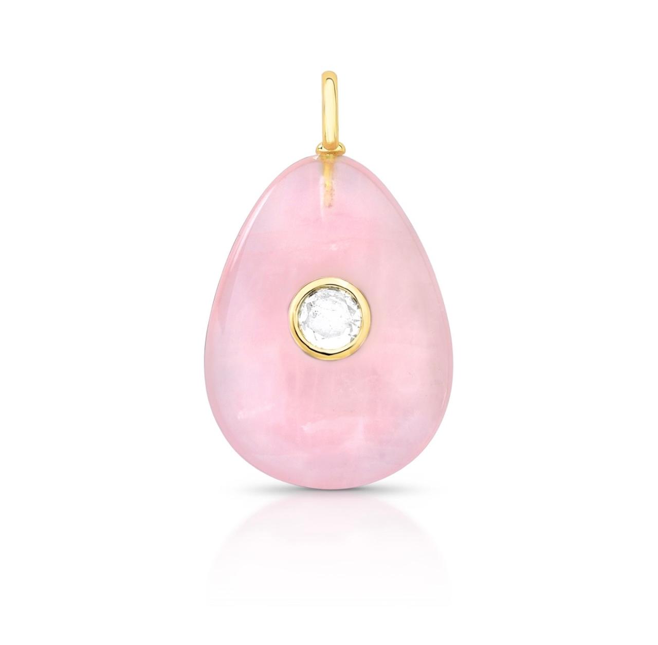 Pingente gota grande Quartzo rosa natural, cravejado com uma zircônia no meio, para corrente fina; sem fecho.