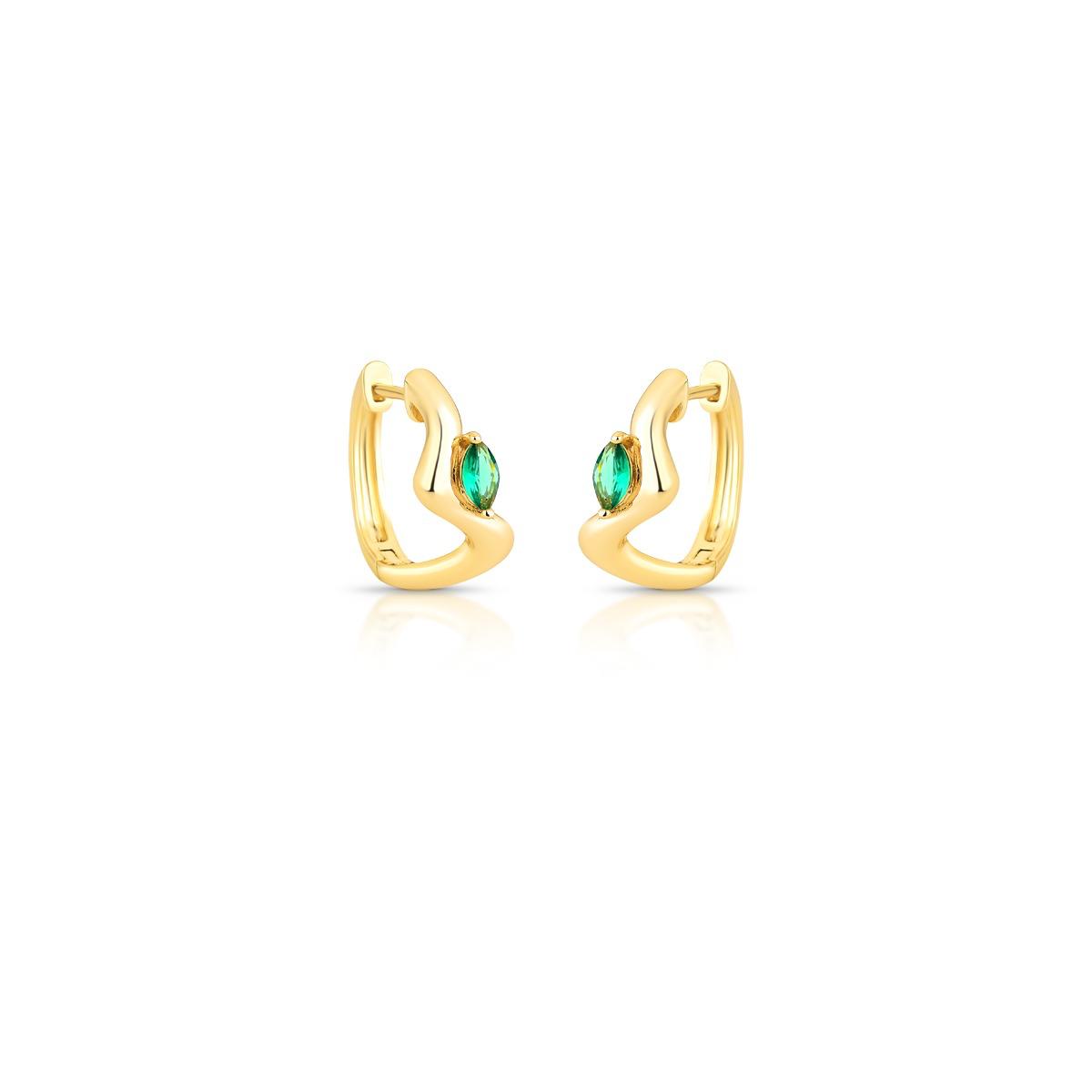Brinco argola geométrica com gota verde esmeralda cravejada.