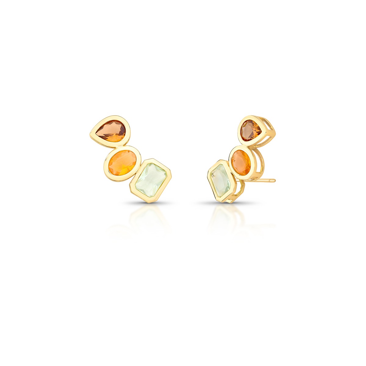 Brinco Ear Cuff geométrico com pedras naturais em três tonalidades.
