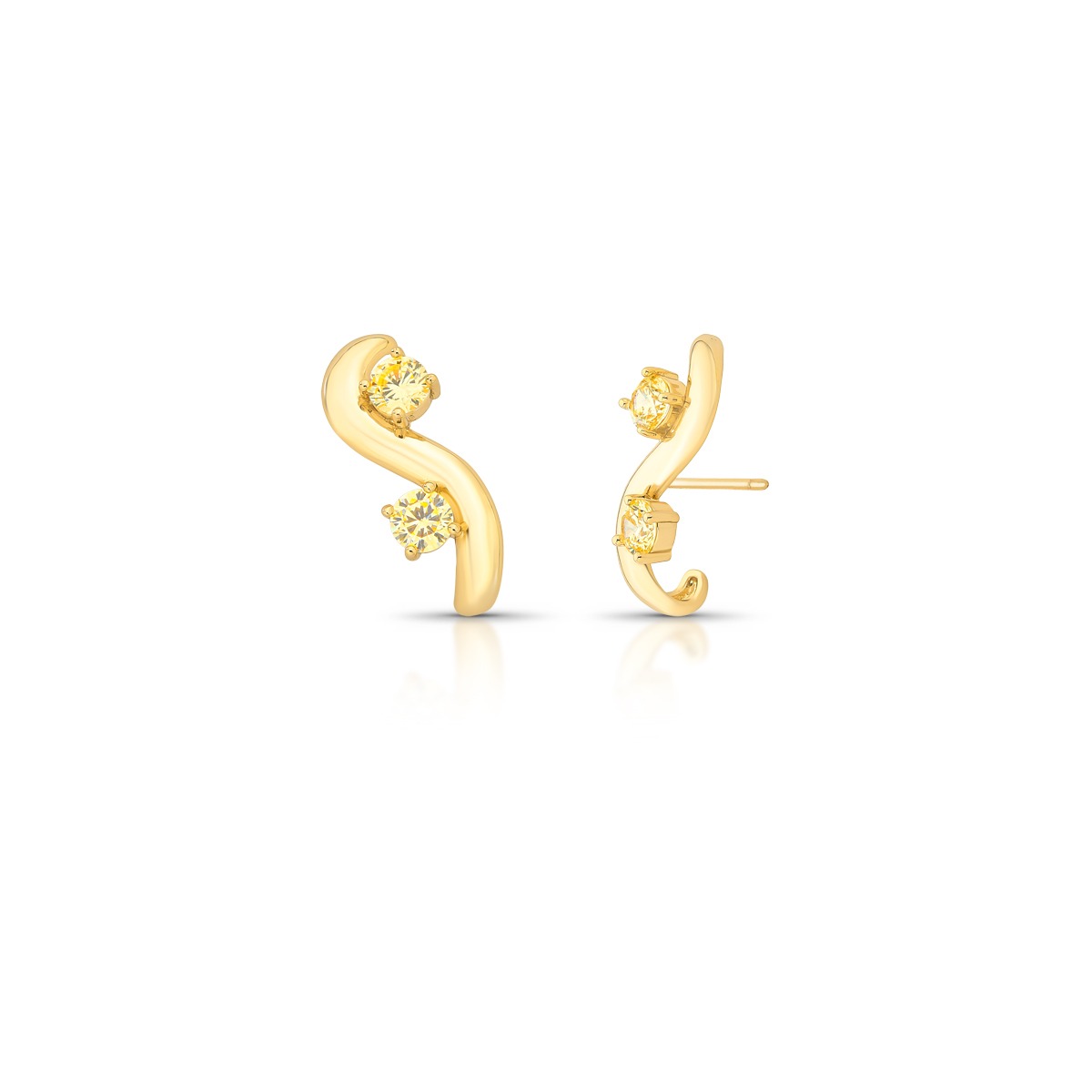 Brinco Ear Hook, formato em curva tubular com dois cristais amarelos, um em cada curva.