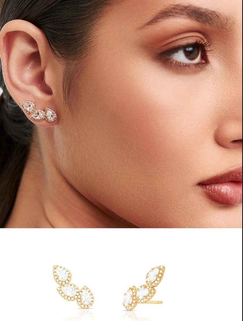 Brinco Ear Cuff no banho de ouro em três gotas na Zircônia cravejado em volta com micro Zircônias.